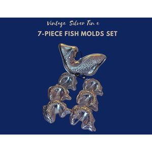 Silver Metal Tin Fish Molds 7-Piece Set Jello Bakeware Cake Kitchen Wall Decor